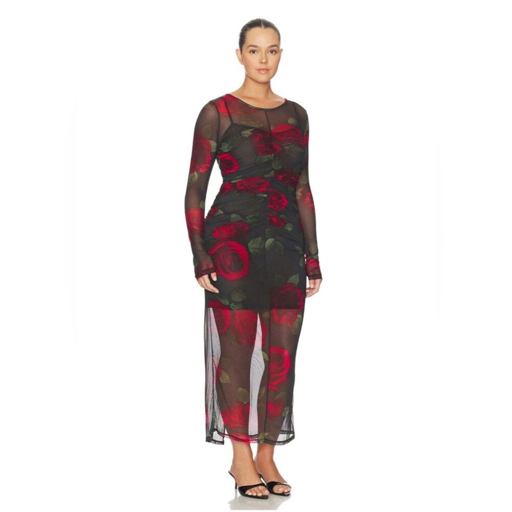 Good American Women’s Mesh Ruched Maxi Dress in Moody Red GDK0366 Size 4XL